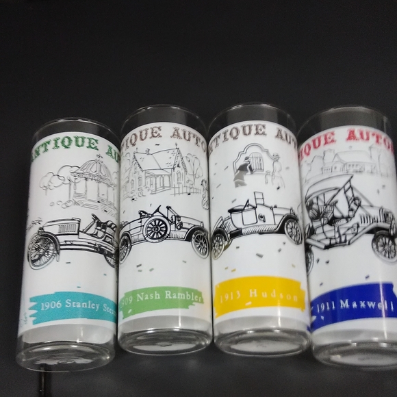 TOM COLLINS   ANTIQUE AUTO TALL SKINNY DRINKING GLASSES/ BAR GLASSES SET OF 4 - Picture 2 of 10